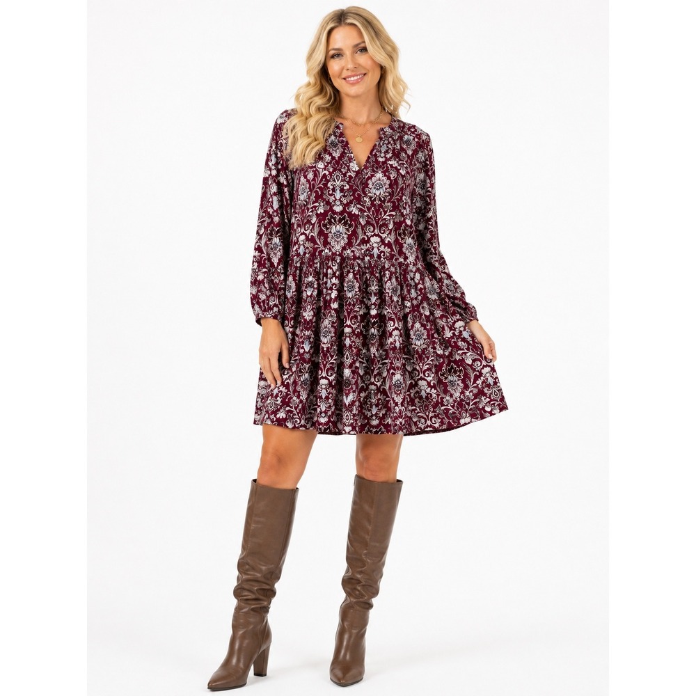 LOFT Floral V-Neck Long Sleeve Dress XL Burgundy Lavender NWT
